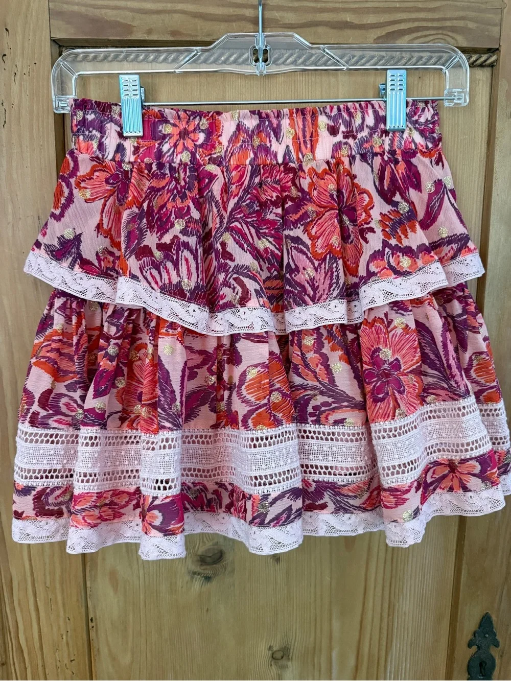 Olivaceous Pink & Purple Floral Lace-Trim Tiered Skater Skirt